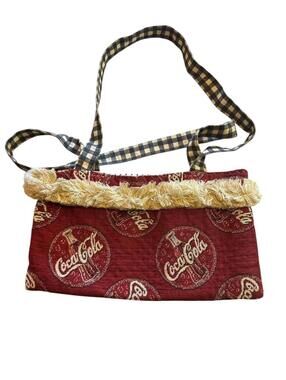 Coca-Cola Tote Bag Womens Medium Red Tapestry Fringe Gingham Strap Logo Lined